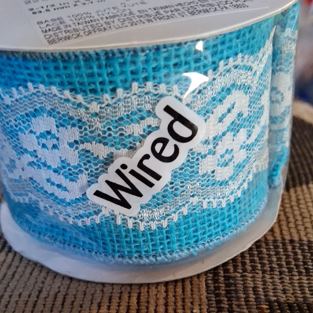 Wired Turquoise Lace Burlap Ribbon